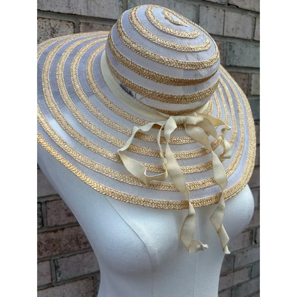Vintage Bambergers Italian Stripe Floppy Hat Tan Cream Ribbon Trim Beach Cottage